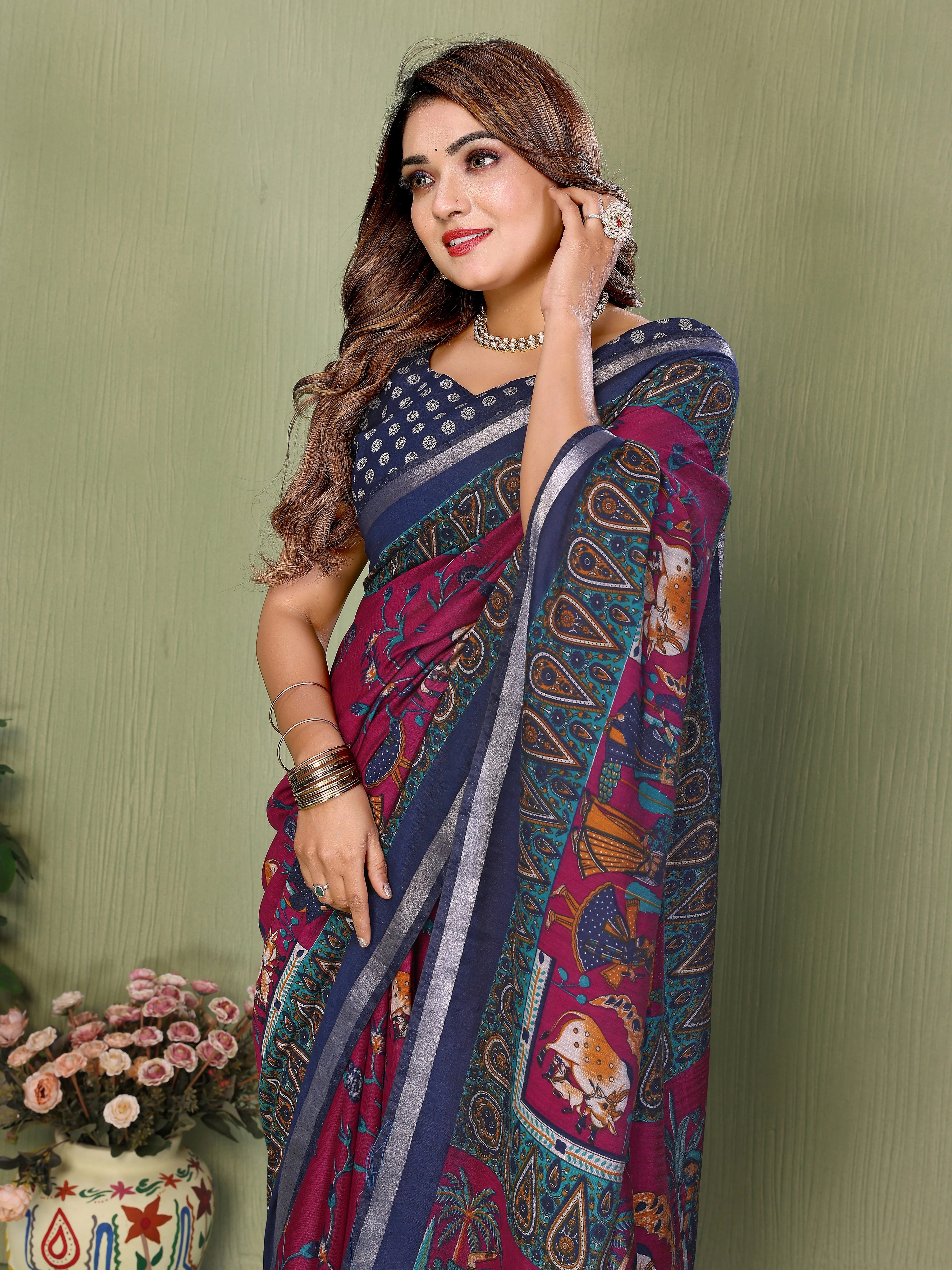 Magenta Mul Cotton Kalamkari Print Saree – Kalyanja